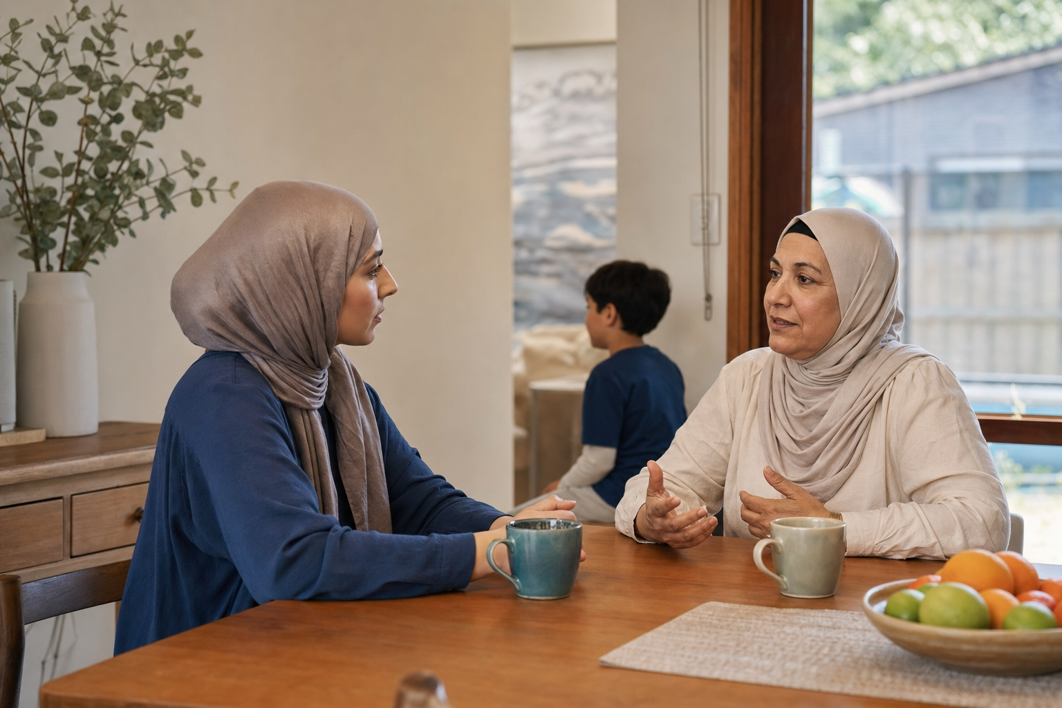 A Muslim woman having a supportive conversation with a trusted older relative